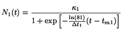 $\displaystyle N_1(t)= \frac{\kappa_1}{1 + \text{exp} \left[ {-\frac{\ln(81)}{\Delta t_1}}(t -t_{m1}) \right] }$
