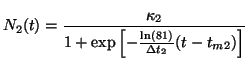 $\displaystyle N_2(t)= \frac{\kappa_2}{1 + \text{exp} \left[ {-\frac{\ln(81)}{\Delta t_2}}(t -t_{m2}) \right] }$